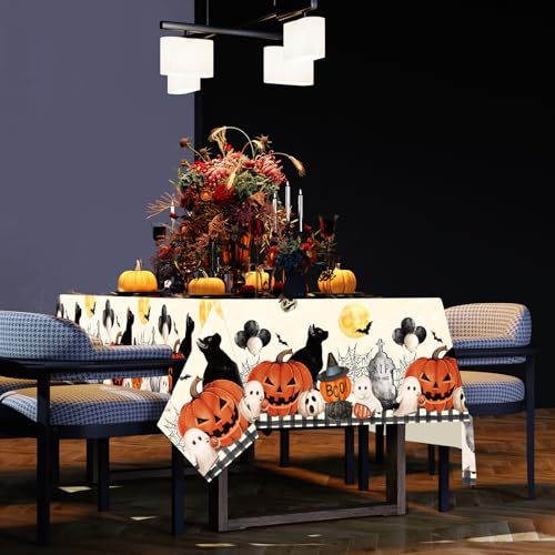 Halloween Tablecloth 60 x 84 Inch Pumpkin Ghost Black Cat Festive Table Cover