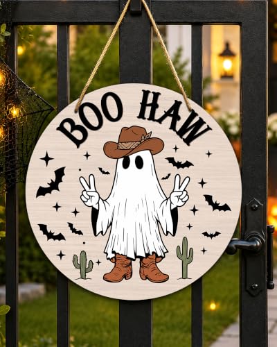Halloween Front Door Wooden Sign with Ghost, Pumpkin & Bats - 12x12 Inches