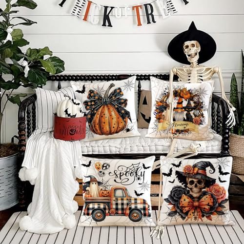 Halloween Velvet Pillow Covers Set of 4 - 18x18 Inch Spooky Cat Pumpkin Ghost Decor - Pumpkin Bow Variation
