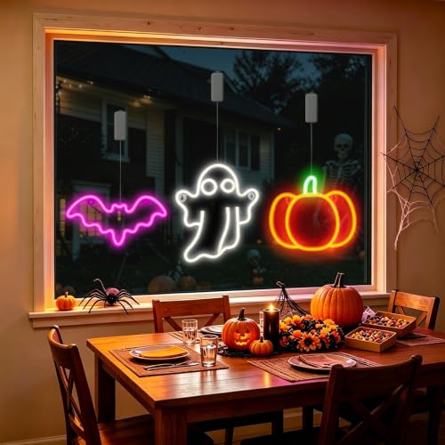 Rechargeable Halloween Window Lights Set - Purple, White & Orange with Timer 11.8x5.9in