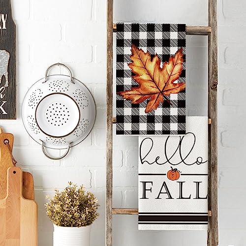 Buffalo Check Pumpkin Fall Kitchen Towels Set of 4 - Absorbent & Durable 18x26 Inches