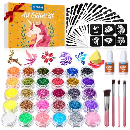 Glitter Tattoo Kit with 30 Colors & 147 Templates for Kids - Reusable, Waterproof, Safe Face & Body Glitter Set