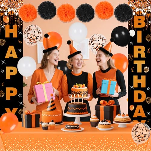 Orange & Black Birthday Decorations Set - Banner Balloons Tablecloth Pompoms - Variation: Orange Black
