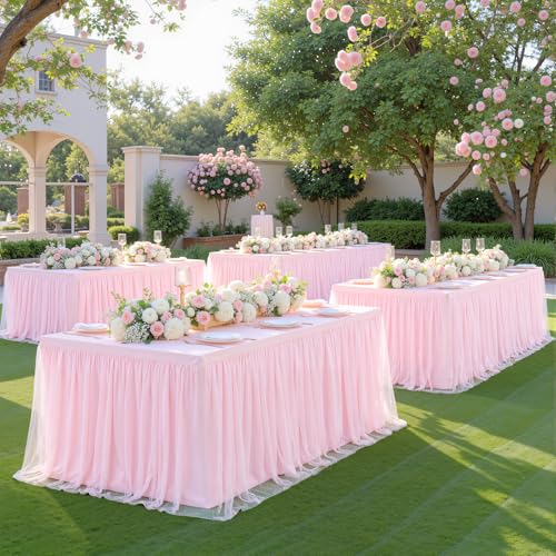 Pink 8ft Rectangle Tablecloth & Tulle Skirt Set - 96x30 Inches, 2 Pack