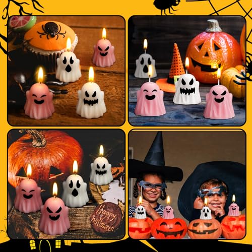Halloween Ghost Candles Set - White & Pink Spooky Party Decor - Modern Style