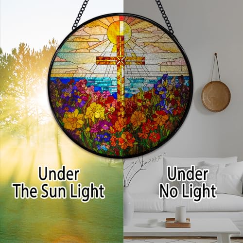 Cross Flower Suncatcher Stained Glass Window Hanging - Religious Wall Art Decor, 7.9 Inch, Color02