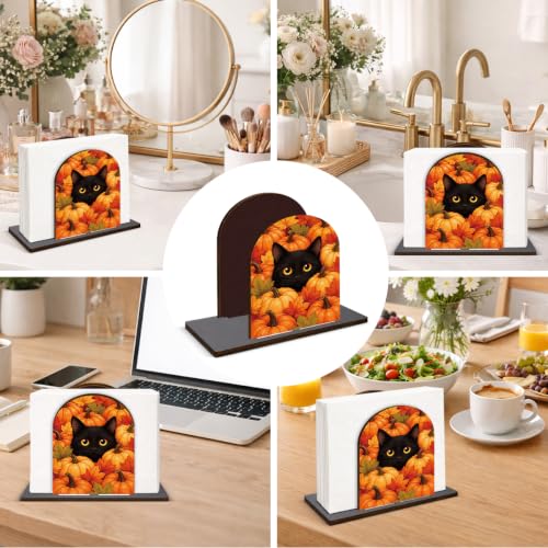 Halloween Fall Decor Wooden Napkin Holder with Cat Pumpkin Design