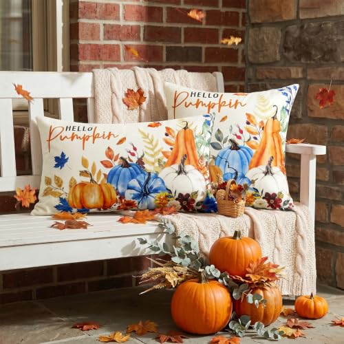 Artscope Fall Pumpkin Throw Pillow Covers 12x20 Set of 2 - Blue Autumn Home Decor