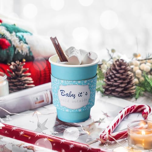 Winter Snowflake Coffee Cups Set with Lids and Sleeves - 50 Pack - Blue & Purple
