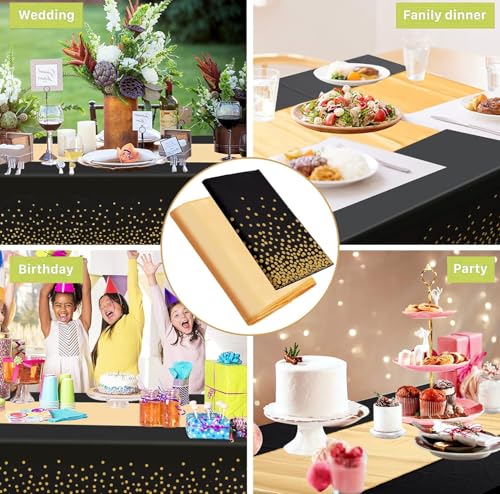 Black and Gold Satin Table Runners and Plastic Tablecloth Set - 3 Piece