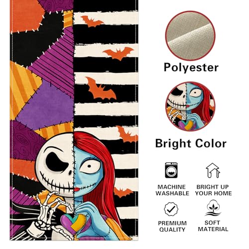 Halloween Jack Table Runner - Black White Stripes Patch Bat, 13 x 72 Inches