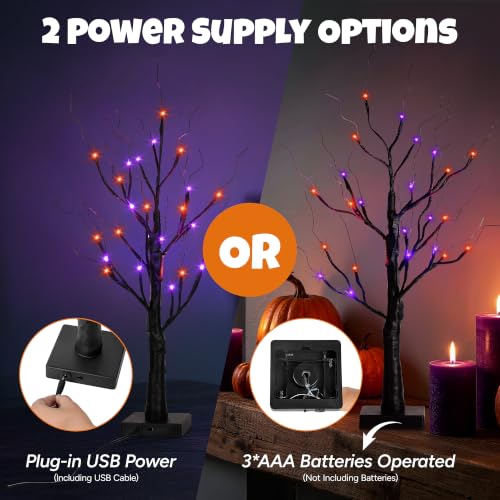 Black Halloween Indoor Decor 2 Pack 2FT Lighted Birch Tree with Orange & Purple Lights