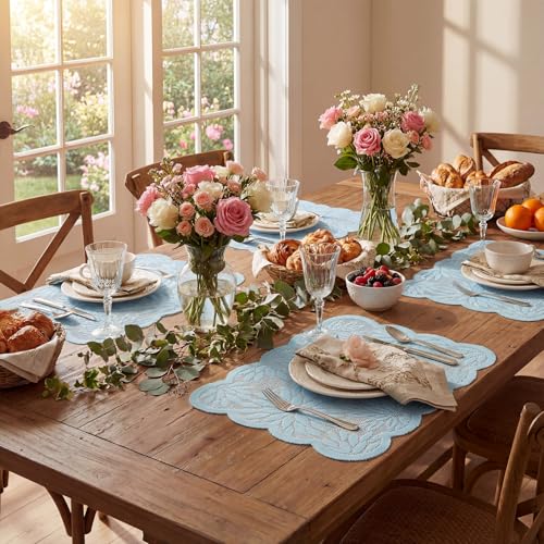 Blue Dahlia Lace Placemats Set of 4 - 12x18 Inch Rectangular Table Mats for Wedding & Party Decor