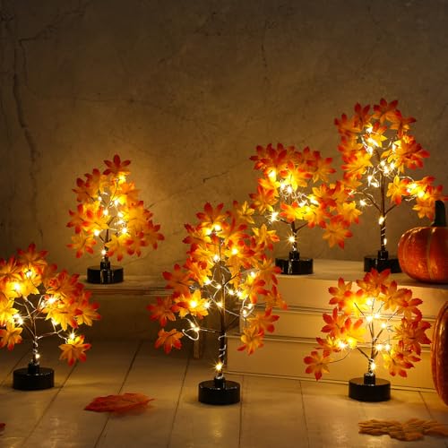 Set of 6 Lighted Maple Tree Decorations for Fall & Thanksgiving Indoor Outdoor Decor