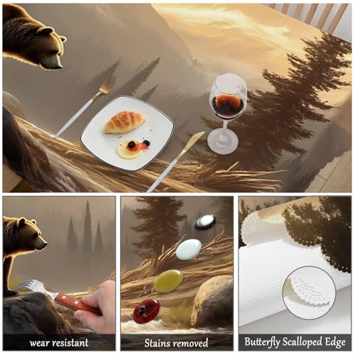 70x52 Inch Rectangular Animal Bear Tablecloth - Forest Mountain Nature Decor