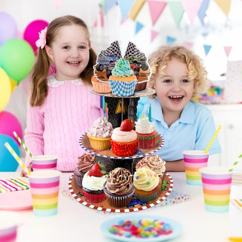 Race Car Theme Cupcake Stand - 3 Tier Dessert Tower for Race Party Decor
