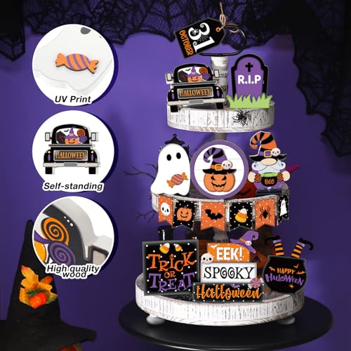 Umigy Halloween Tiered Tray Decor Set - 15 Pumpkin Wooden Signs with Boo Theme