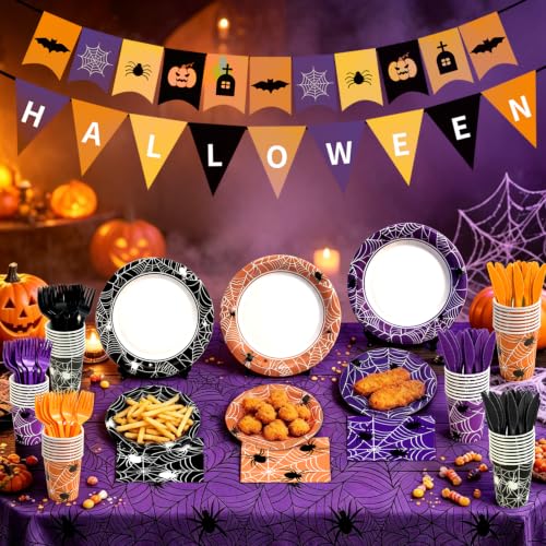 Halloween Spider Web Party Tableware Set for 24 Guests - Plates, Napkins, Cups, Forks & Tablecloths