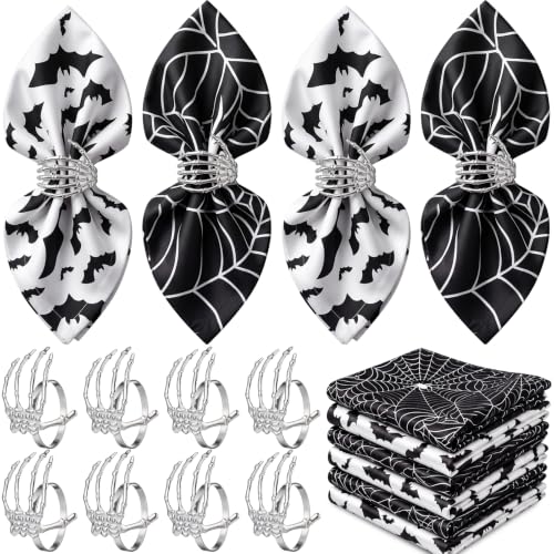 Halloween Cloth Napkins & Skeleton Claw Napkin Rings Set - Spider Web Black & White Variation