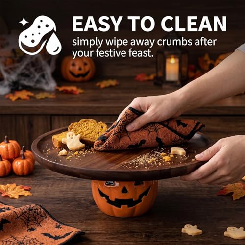 Halloween Pumpkin Cake Stand with Acacia Wood Tray and Ceramic Jack-o'-Lantern Base - Brown, 10.2 Inch
