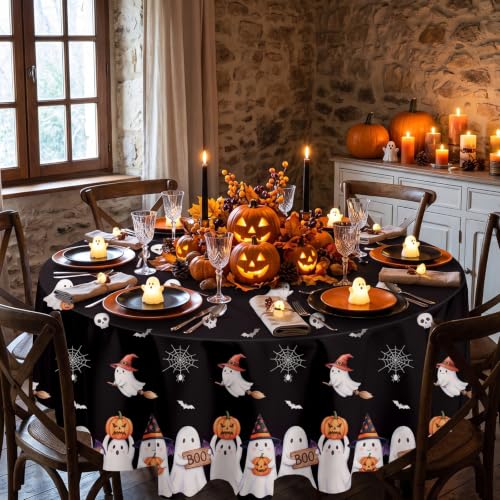 Halloween Round Tablecloth 84 Inch Ghost Pattern - 3 Pack Fall Plastic Cover for Parties