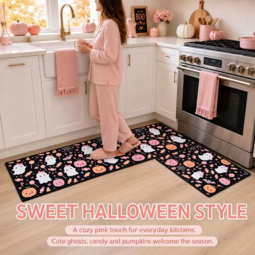 Pink Halloween Kitchen Mat Set of 2 Non Slip Ghost & Candy Rugs - Pink Ghost Candy