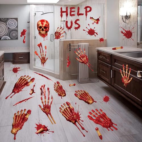 Halloween Window Decorations Stickers Bloody Handprint & Skeleton Set - Indoor Outdoor Use