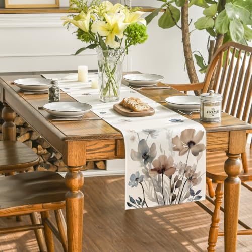 Brown Poppy Floral Leaves Spring Table Runner 13x120 Inch for Dining & Home Decor
