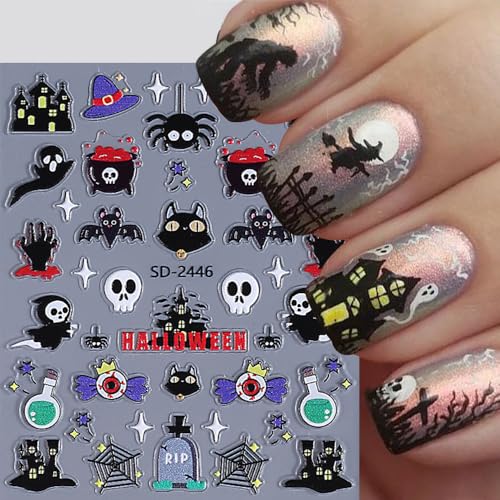Halloween Nail Stickers - 5D Embossed Owl Witch Ghost Skull Spider Web Design - Style2 - 6 Sheets