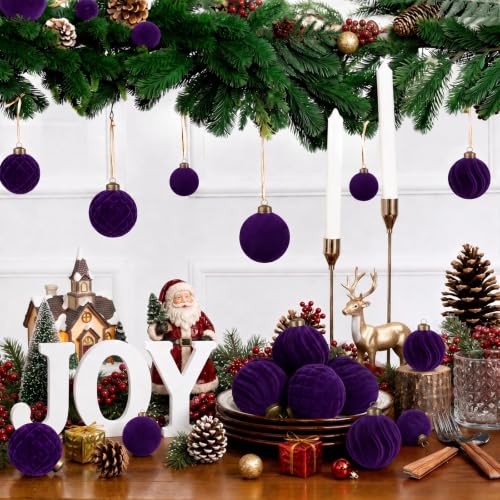 Velvet Christmas Ornaments Set 36PCS Flocked Holiday Decorations - Purple, Shatterproof