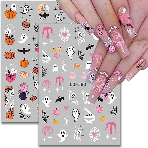 Qdsuh Halloween Nail Stickers - Pink Skull 3D Self-Adhesive Decals for Nail Art & DIY Party Decor
