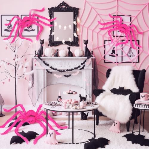 Pink Halloween Outdoor Decor Set with 3 Plush Spiders and 12ft Web