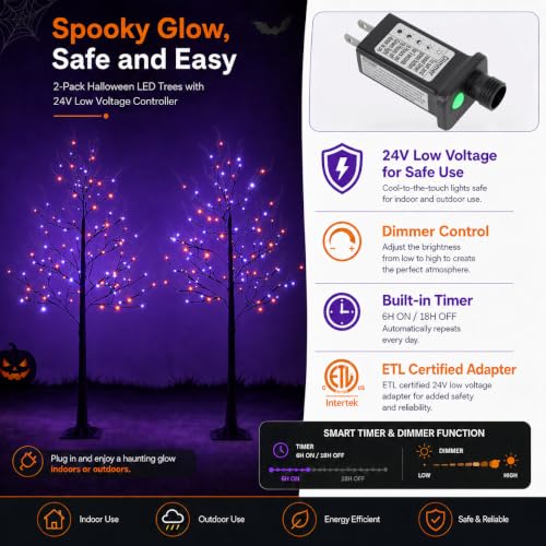 6FT LED Lighted Halloween Tree 2-Pack with Orange & Purple Lights - Indoor Outdoor Decor