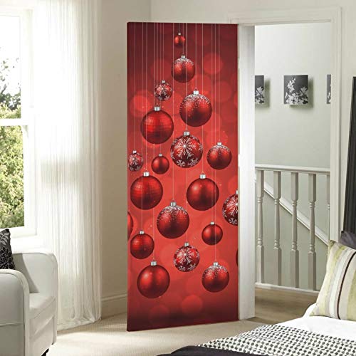 Door Cover Decoration 32 x 79 Inches - Festive Red Christmas Balls, Indoor Outdoor Porch Decor, Easy to Apply