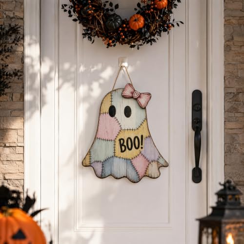 Halloween Ghost Door Sign - Wooden Indoor Front Door Decor Welcome Sign for Halloween