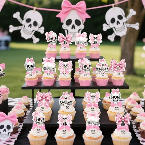 36pcs Gothic Birthday Cupcake Toppers - Pink Bow Skull Decorations for Halloween & Party