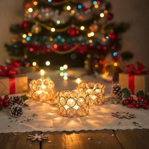Gold Crystal Tea Light Candle Holders Pack of 12 for Wedding & Event Decor - Handmade K9 Crystal Beads - Elegant Home & Party Centerpiece - Gold / 12