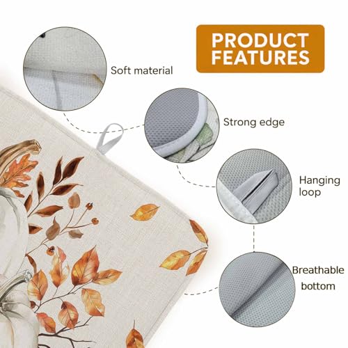 Fall Dish Drying Mat White Pumpkin Red Orange 18x24 Inch Thanksgiving Kitchen Decor