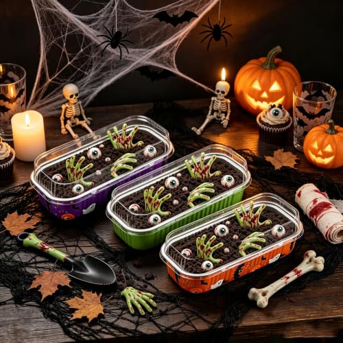 Halloween Mini Cake Pans with Lids & Spooky Zombie Hands Toppers - 24 Pack