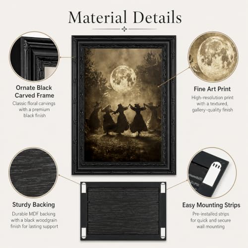 Framed Witch Coven Canvas Wall Art - Dancing Witches 12x16 Inch - Halloween Decor