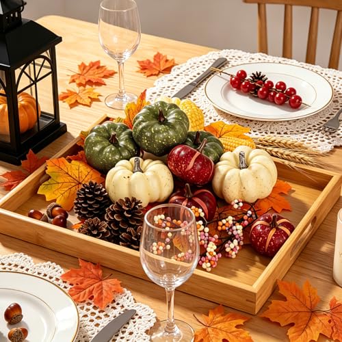 Autumn Pumpkin Decor Set - Green, Beige & Dark Brown 32 Pcs Thanksgiving Home Accent