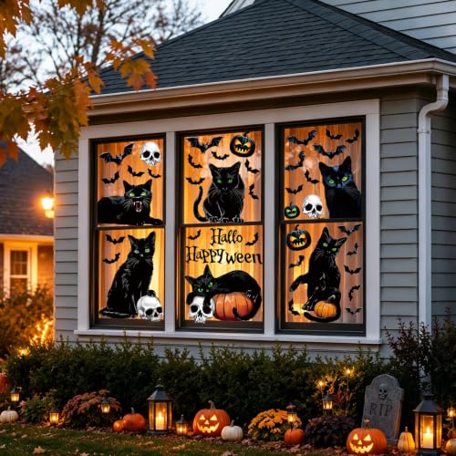 Halloween Window Clings - Black Cat Pumpkin Bat 6 Sheets Indoor Outdoor Decor - Variation: Black