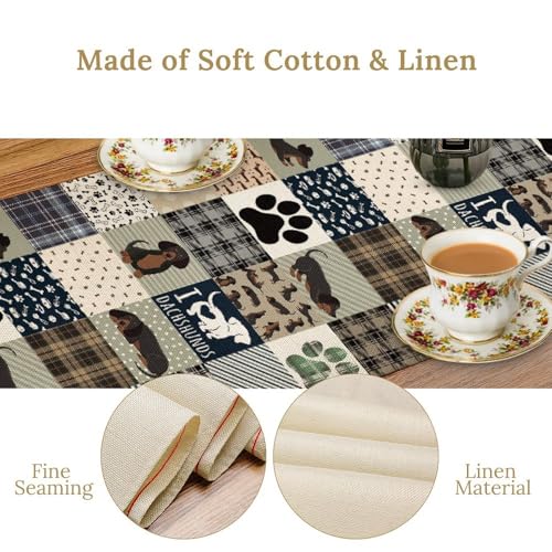 Dachshund Pattern Table Runner - Grey & Blue-Brown Plaid Dog Decor, 13x36in