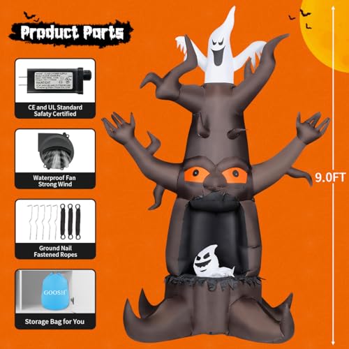 9 Ft Inflatable Halloween Dead Tree with Ghosts & LED Lights Outdoor Decor