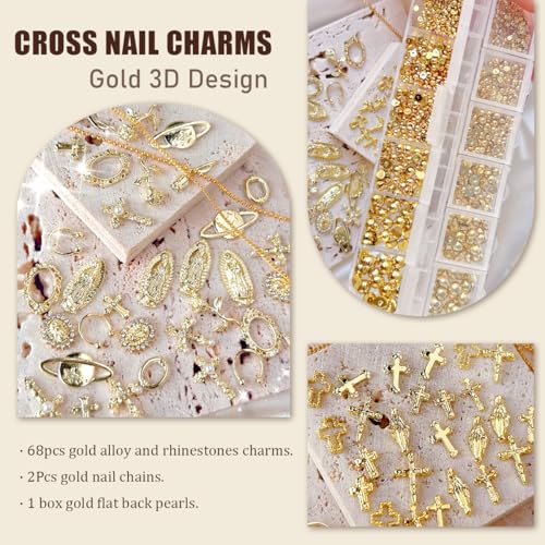 Gold 3D Cross Nail Charms & Religious Beads for Nail Art & Crafts