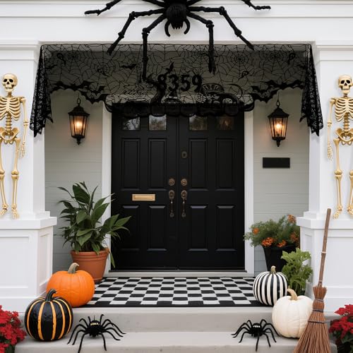 Halloween Mantle Scarf Black Lace Spiderweb Fireplace Decor with Bat Variation - 18 x 83 Inches