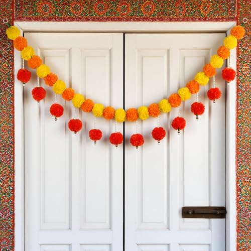 Orange Marigold Garland with Pearls for Diwali Decoration - 5Ft, 2 Pack