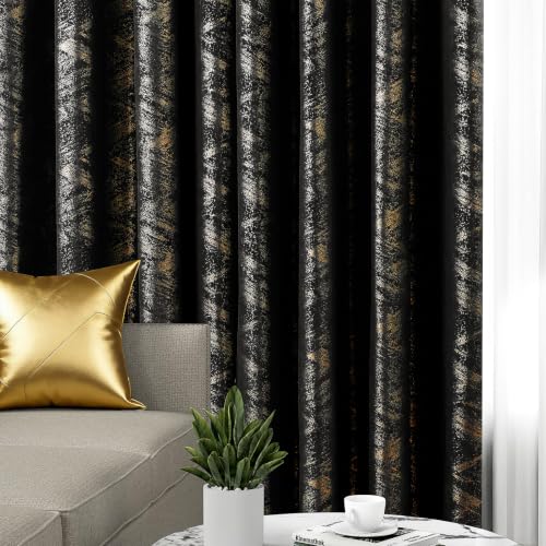 Black and Gold Velvet Curtains for Living Room - 52W x 96L, Pack of 2, Grommet Top