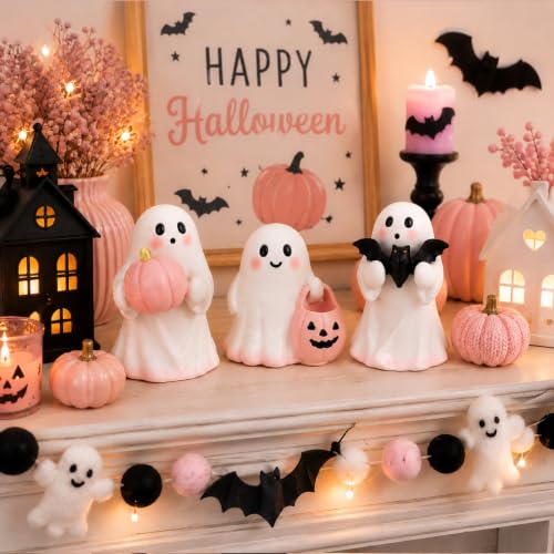 Pink Halloween Ghost Decor Set - 3 Mini Resin Figurines with Pumpkin Bat and Candy Bowl