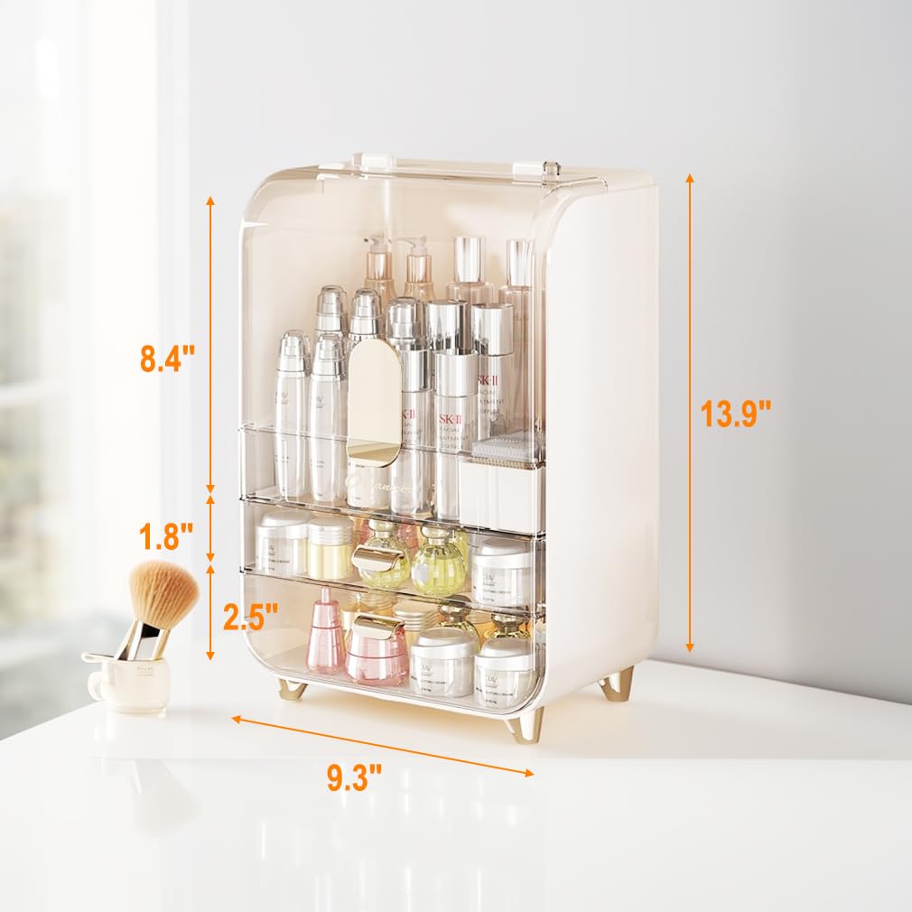 Wi4you Makeup Organizer for Vanity, Large Capacity Cosmetic Organizer Trendy Stuff, Clear Cosmetic Display Case with Flip-top Lid and 2-Tier Drawer for Bathroom Countertop, Bedroom Dresser (White)